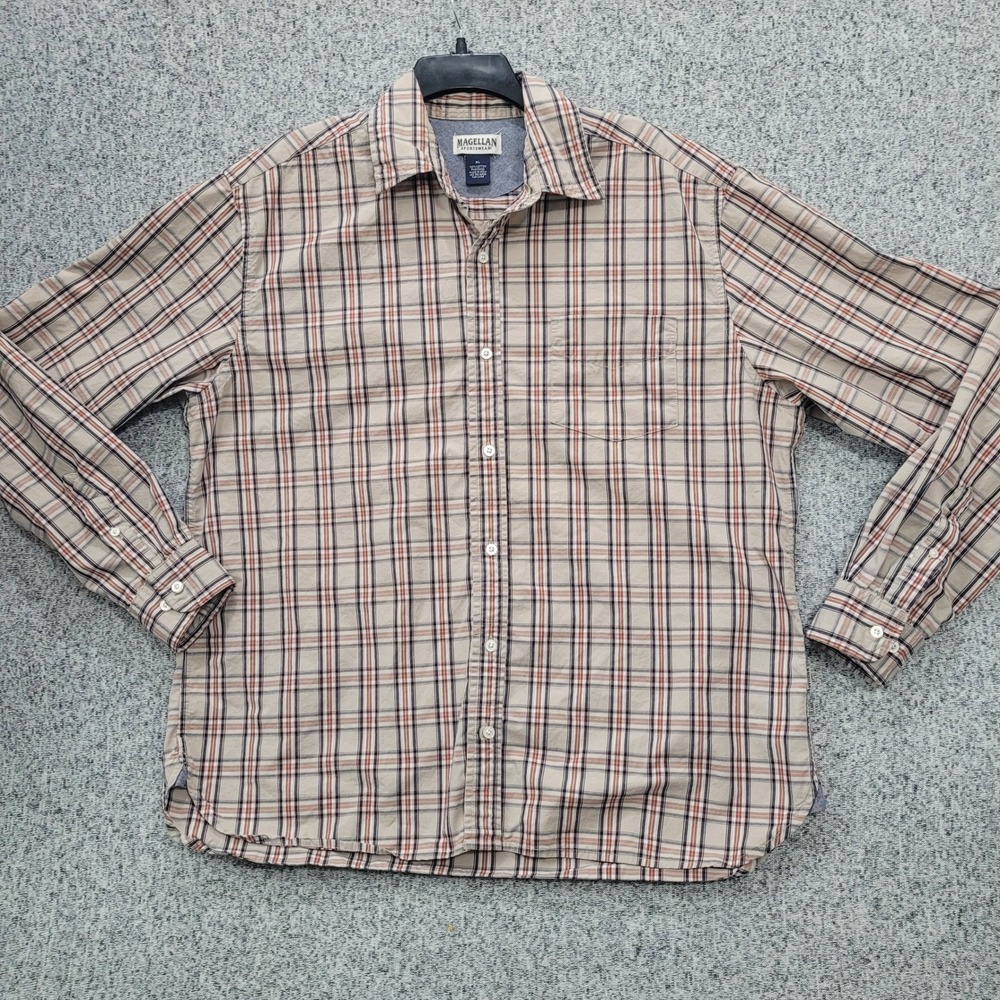Magellan Sportswear Mens XL Plaid Button Down Shirt Tan Blue Orange Cotton LS